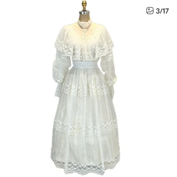 VINTAGE 70s wedding dress prairie bridal‎ gown flouncy ruffle lace long sleeve - Picture 2 of 16